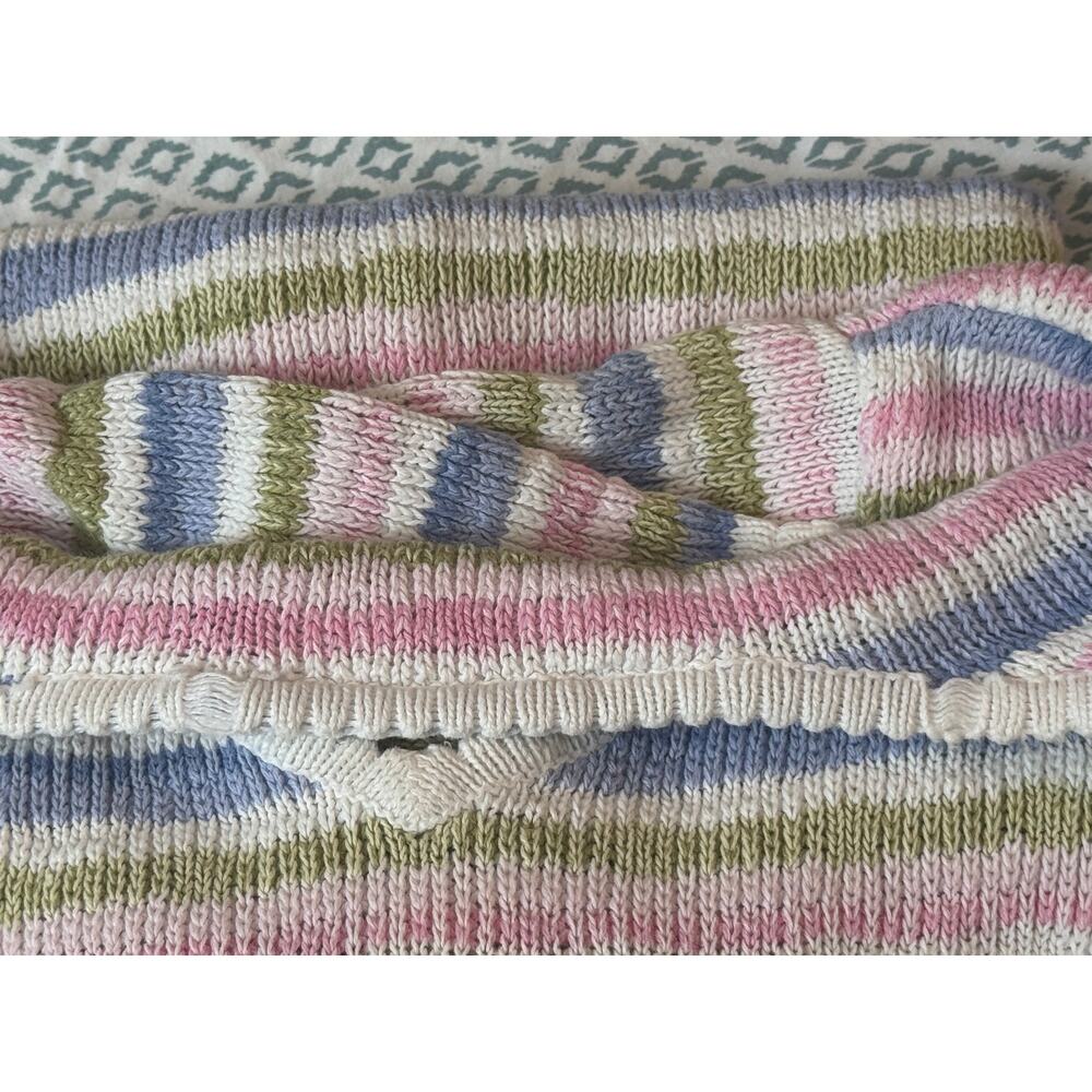 90s Vintage Grandmacore Cottagecore Knit Sweater Top Pastel‎ Striped Cotton XL - Picture 3 of 3